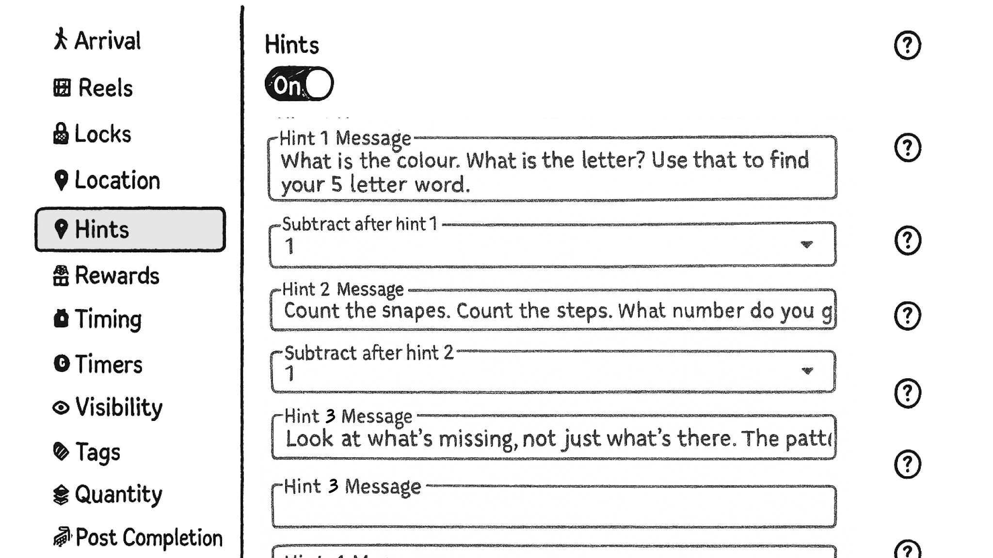 Hint settings panel showing escalating point penalties.