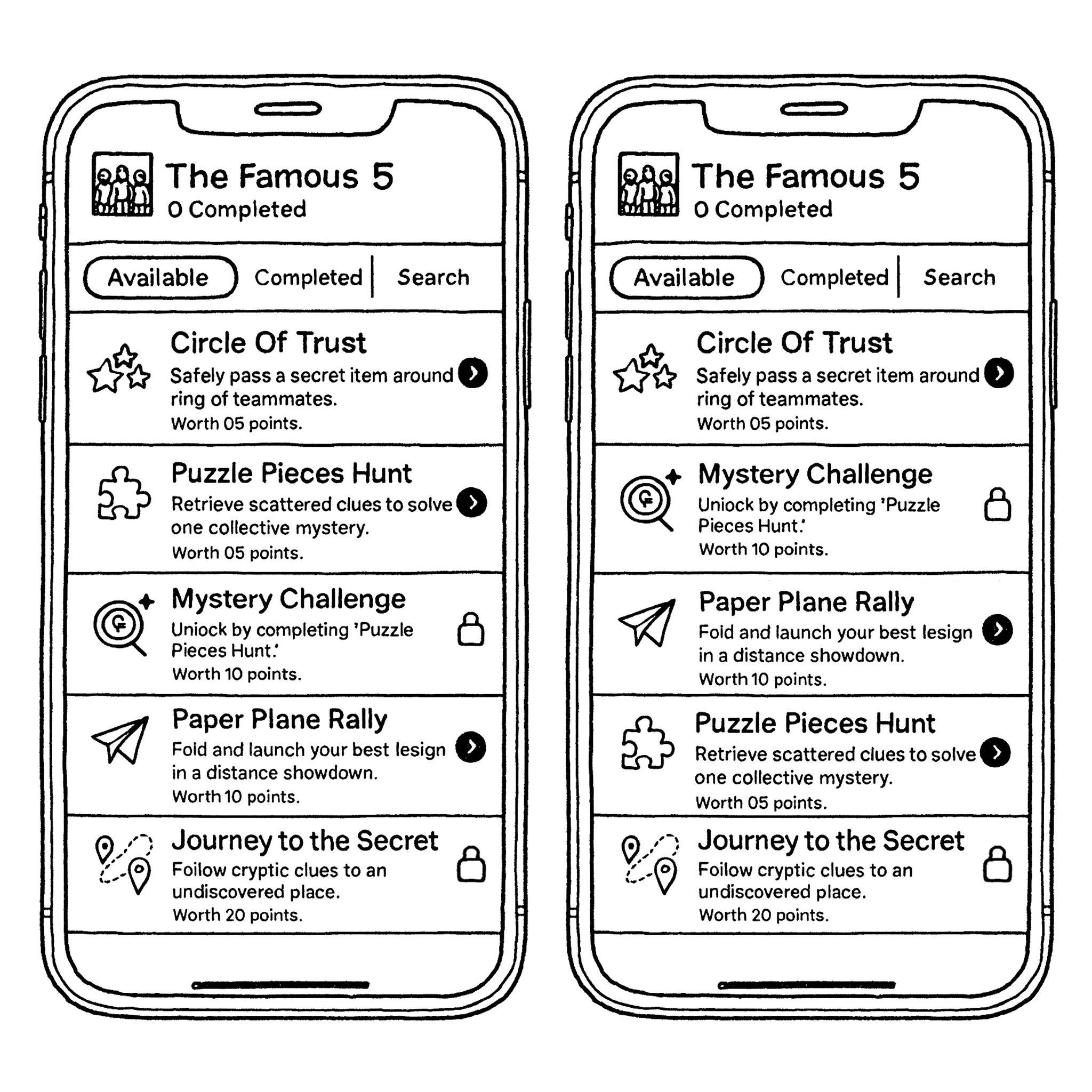 Two phone screens showing identical challenges arranged in different orders.