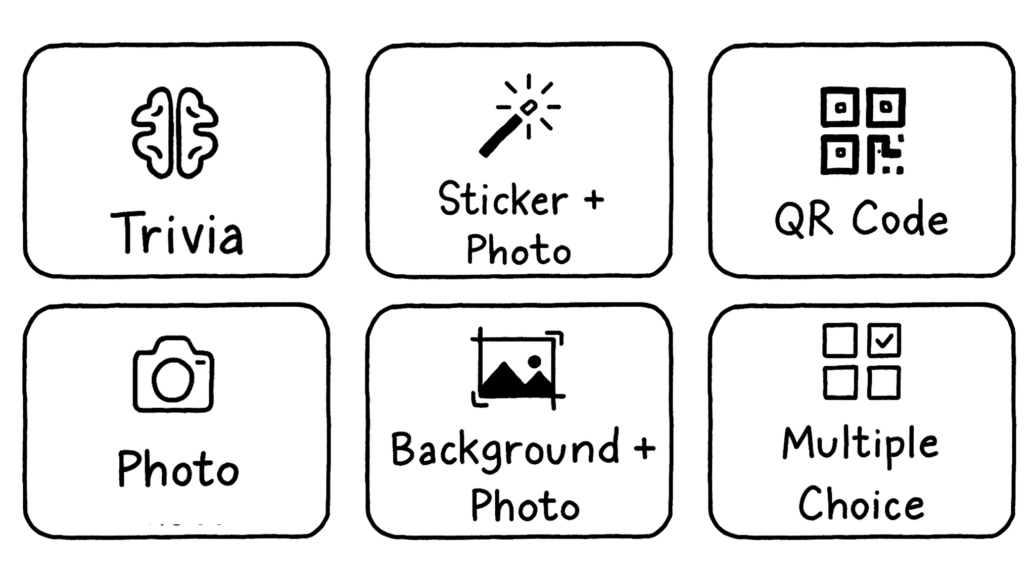 Collage of different submission icons: photo, video, QR code, text, and more.