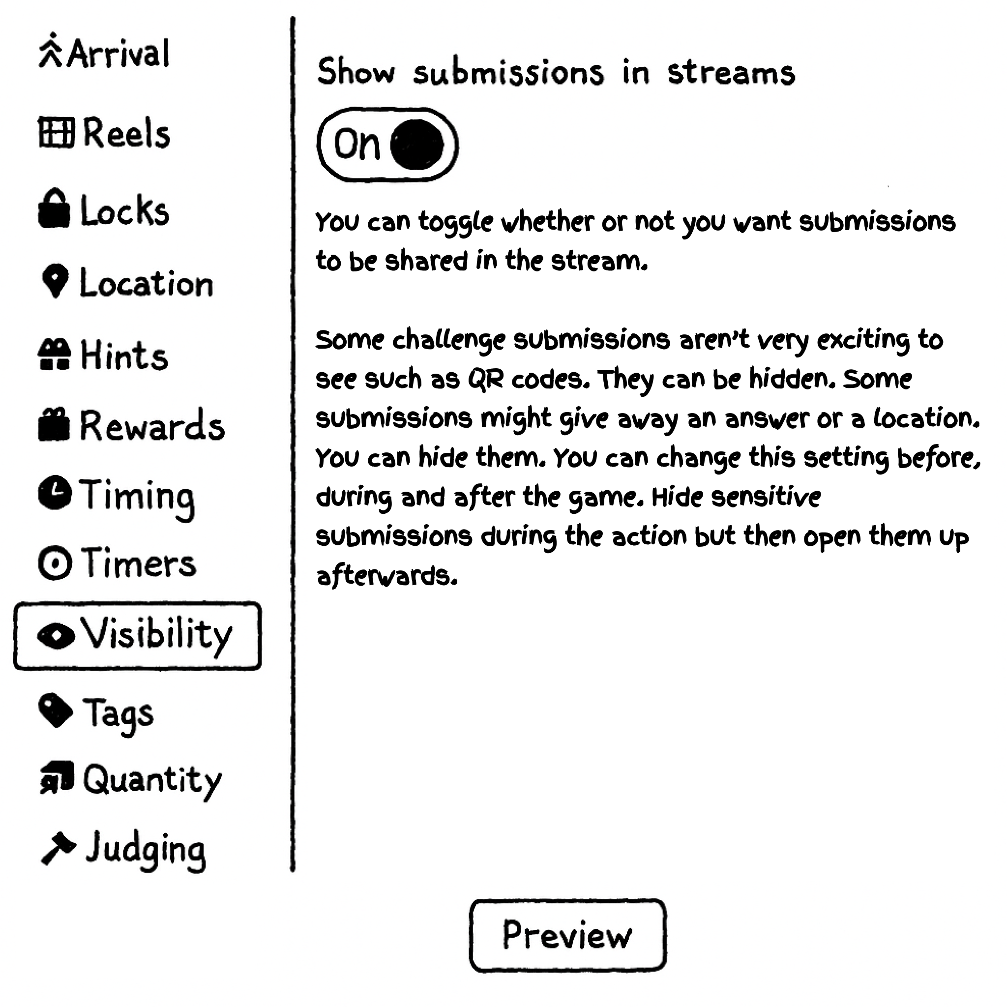 Toggle switch for public and private submission visibility.