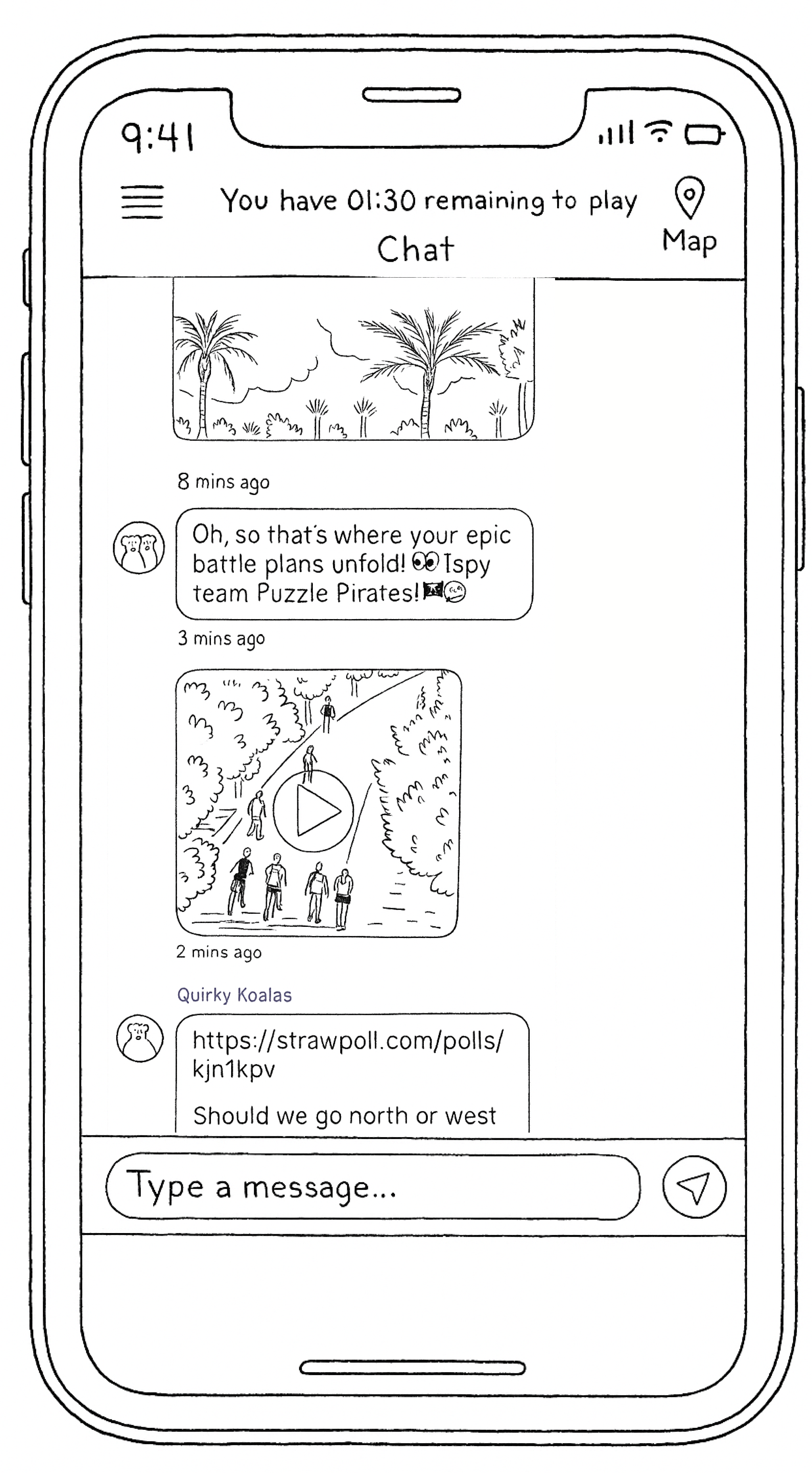 Chat screen displaying emojis, an attached photo thumbnail, a video preview, and a tappable link.