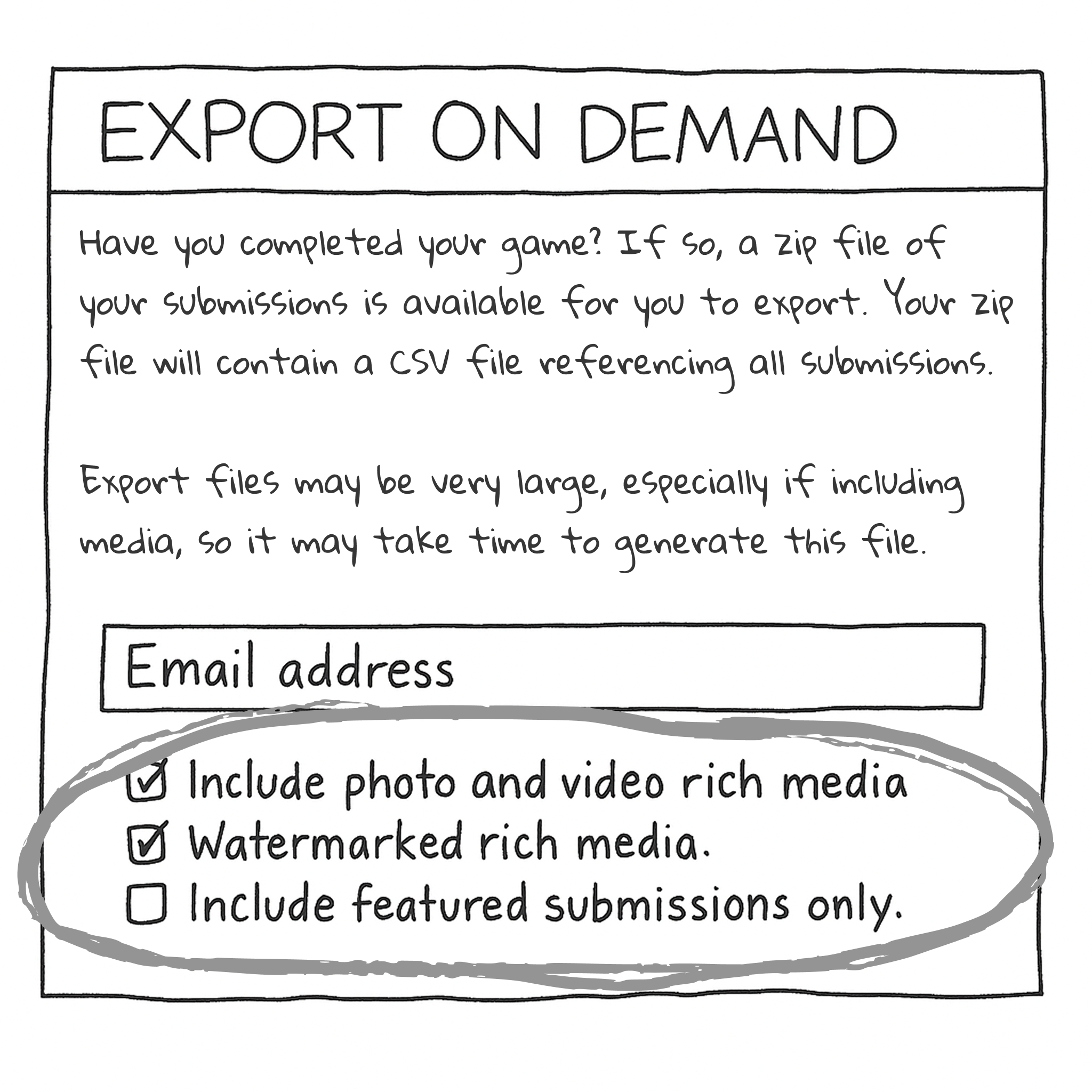 Export builder with checkboxes for media, watermarks, and featured submissions.