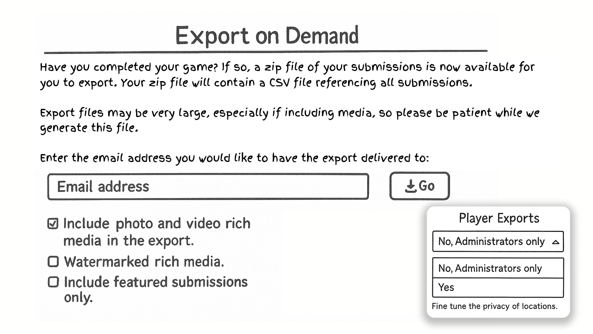 Export settings screen with toggles for player and admin download rights.