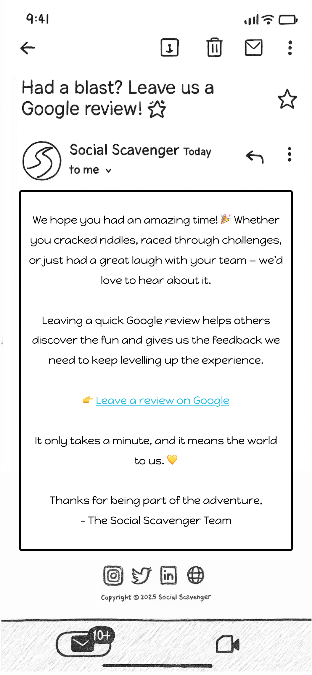 Email preview inviting players to leave a Google review.
