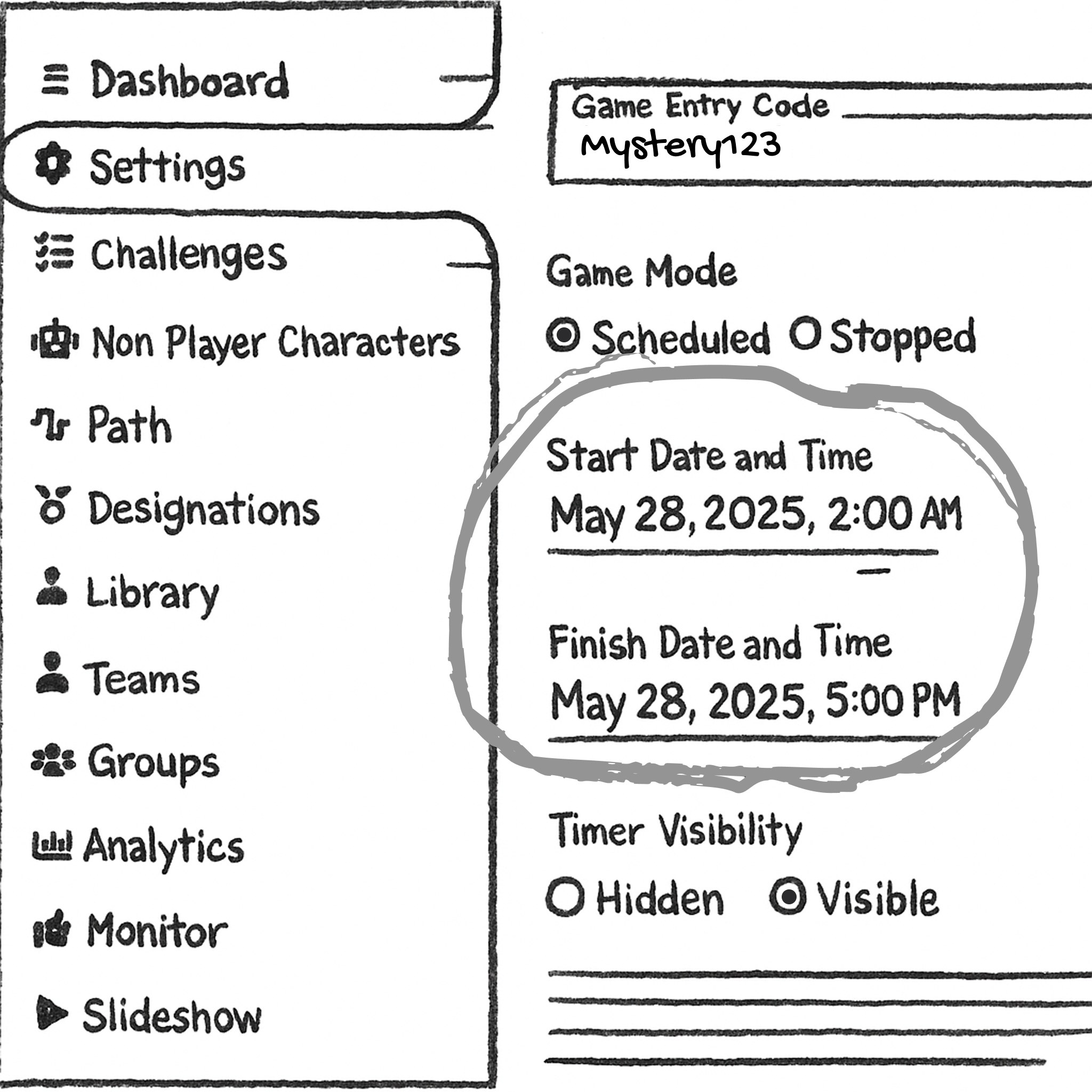 Game builder calendar view with start and stop times selected.