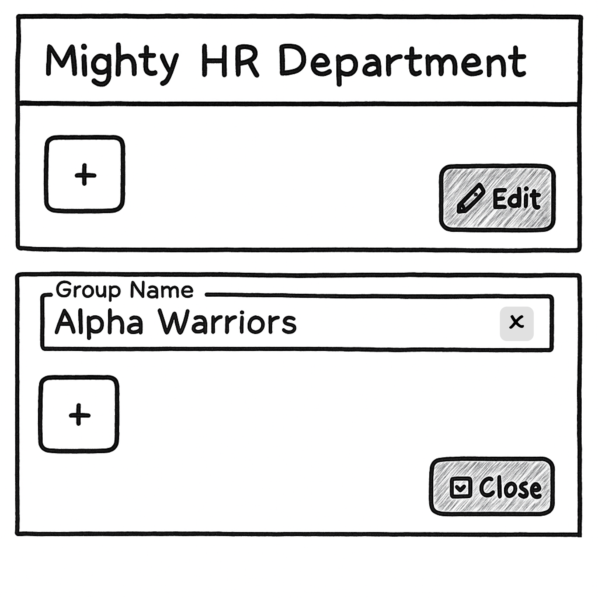 Settings screen with editable group names and colorful badge previews.