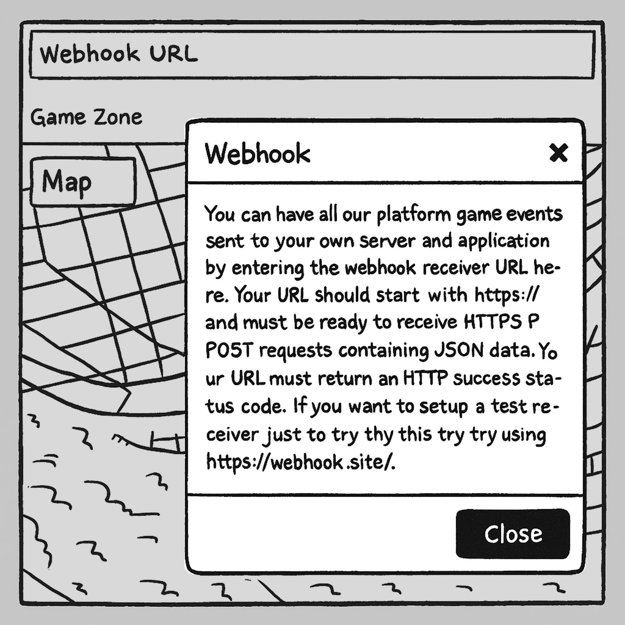 Settings panel configuring a webhook URL for live event delivery.