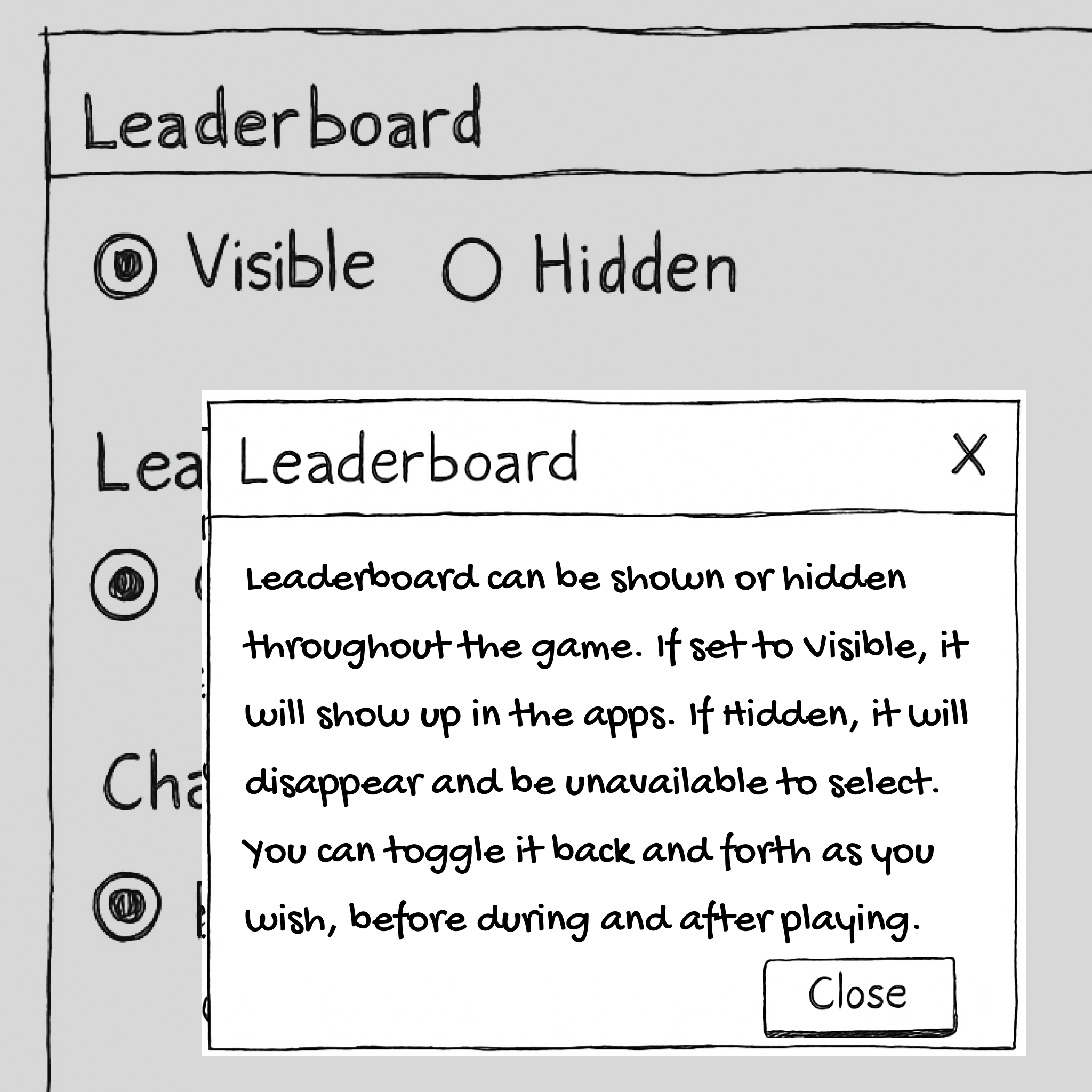 Settings panel with toggles to show or hide the live leaderboard during gameplay.