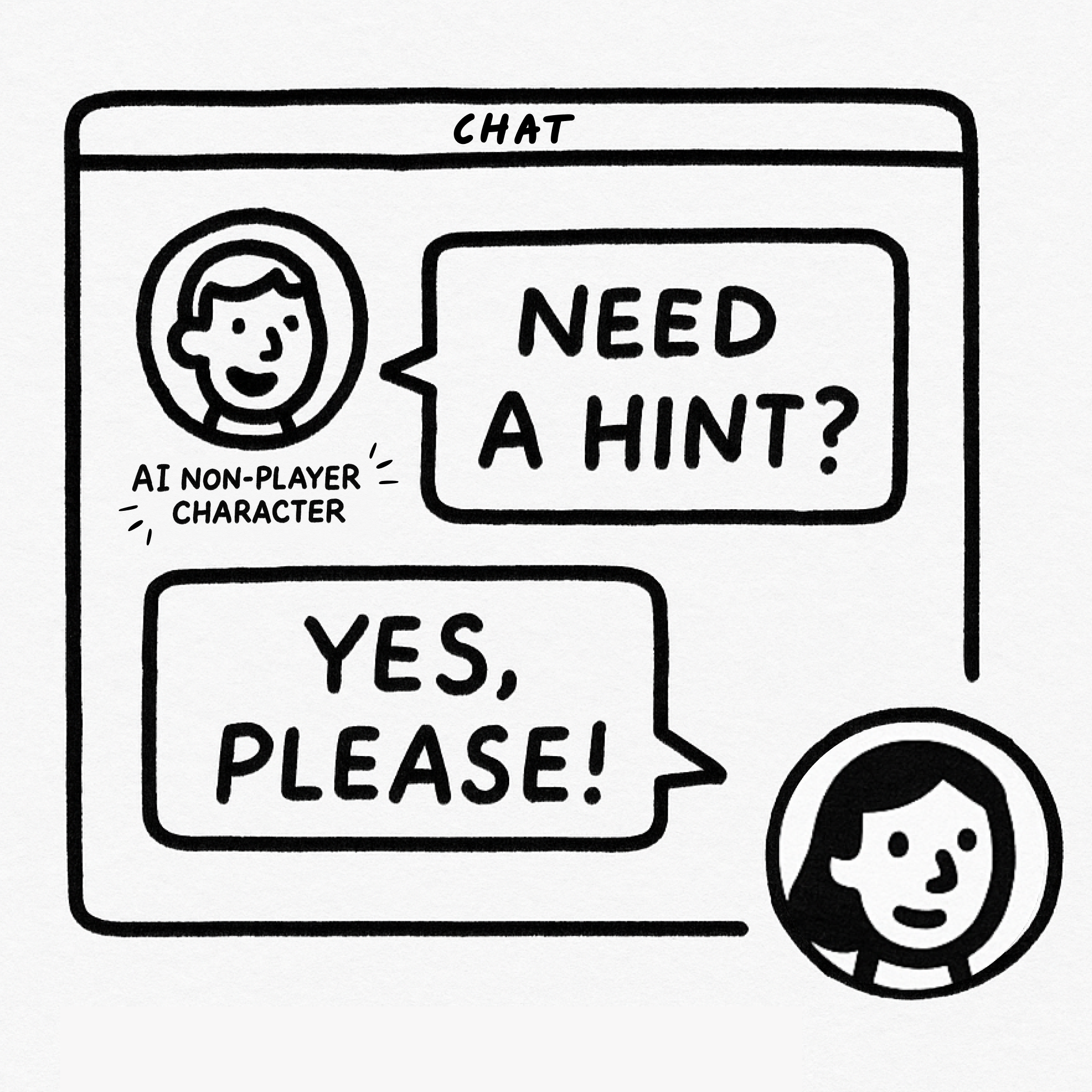In-game chat thread with an AI character guiding a player.