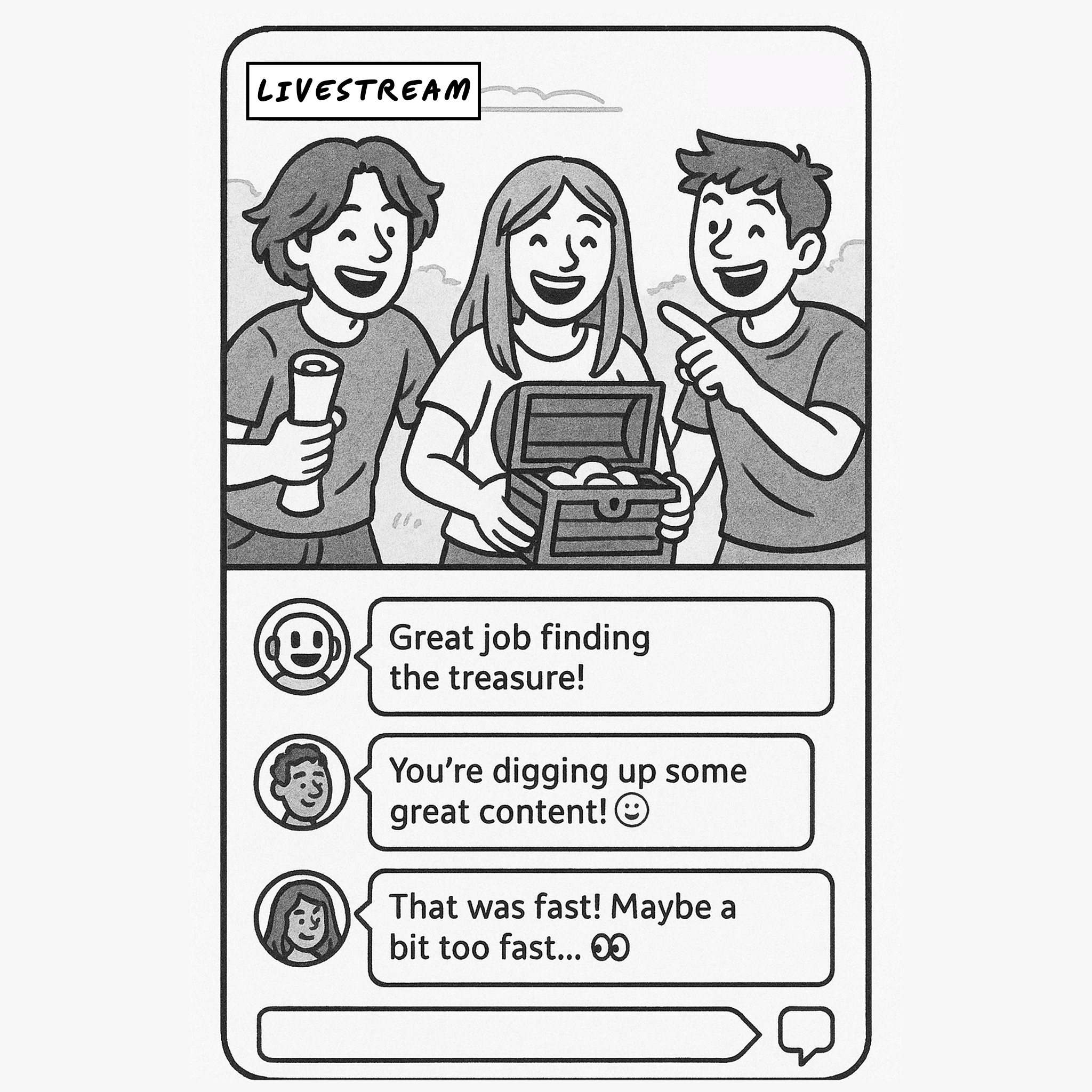 Live stream showing playful comments from an AI commentator.