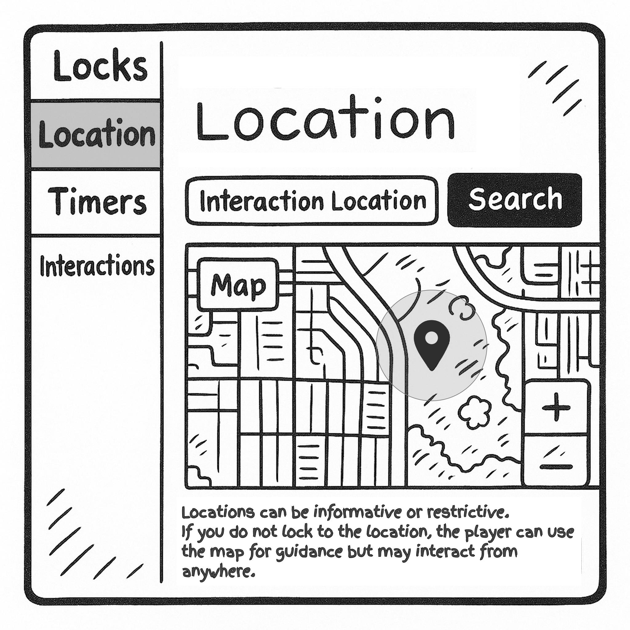 Settings panel with toggles for location, time, and interaction limits.