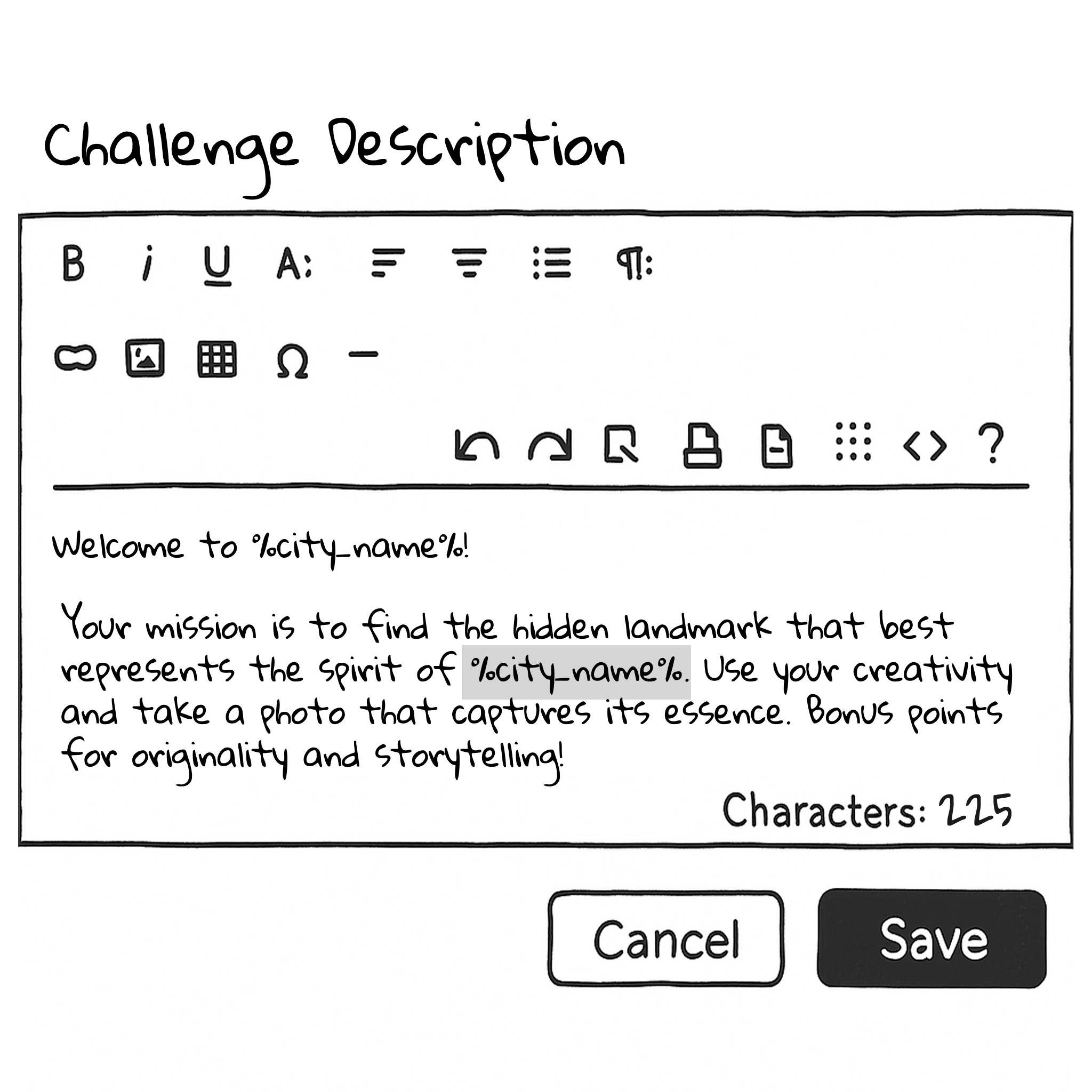Builder view highlighting template tags embedded in a challenge description.
