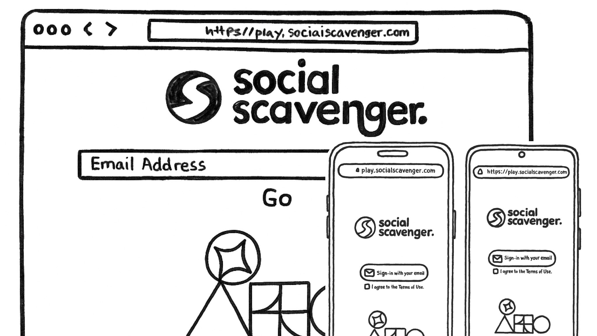 Web player interface displayed on a phone, tablet, and laptop screen.