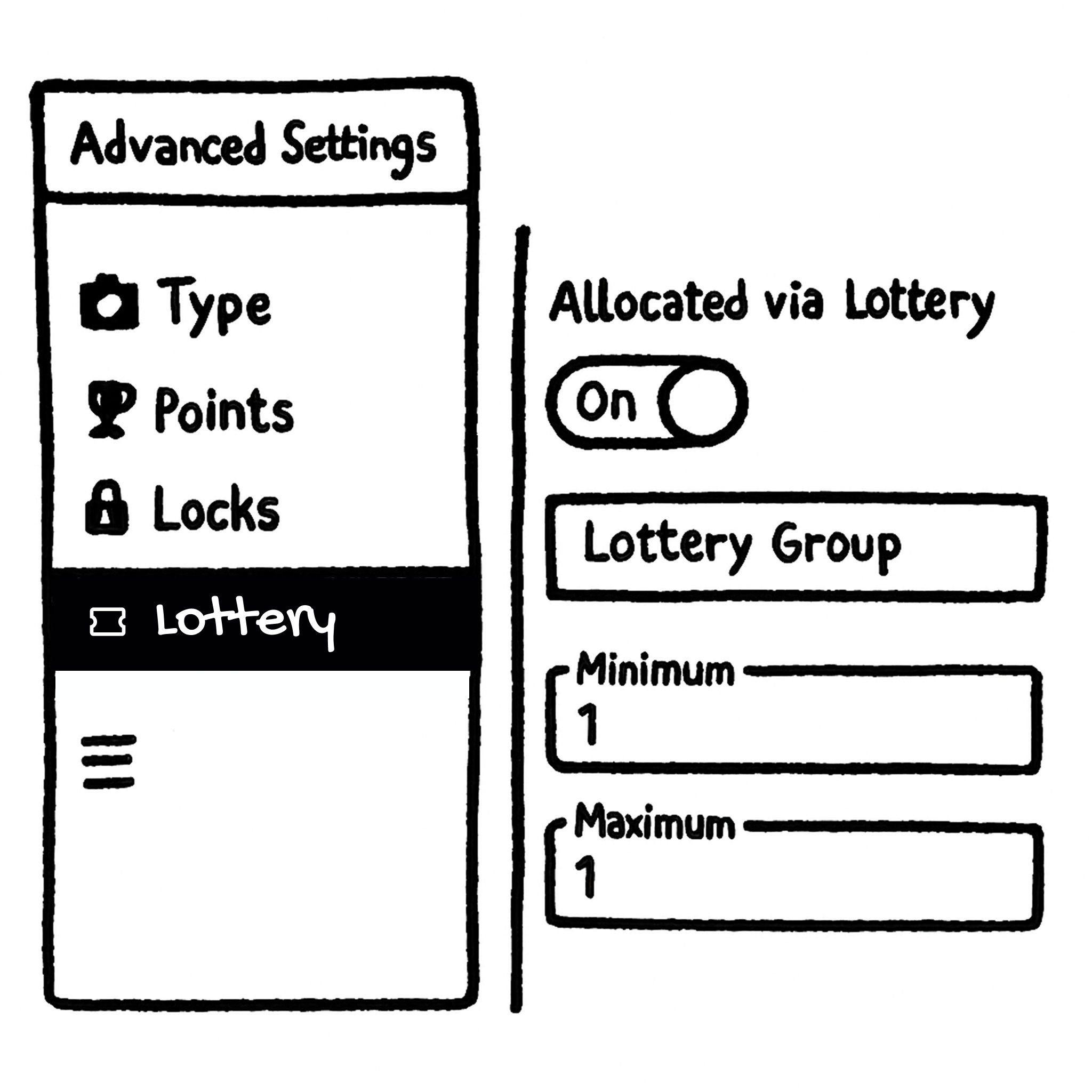Lottery builder interface showing random prize selection with rarity options.