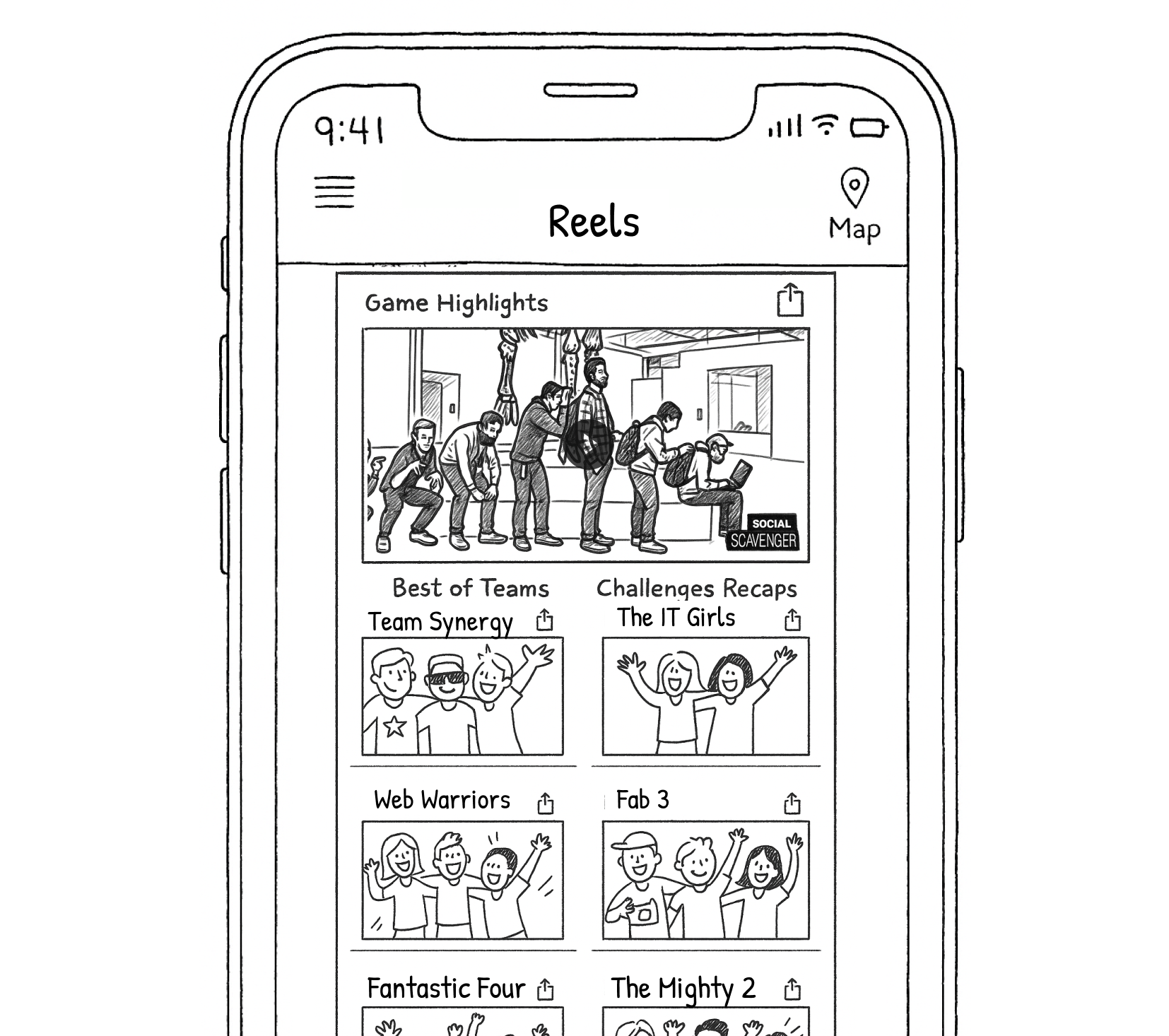 Mobile app displaying tabs for Game, Challenge, and Team highlight reels.