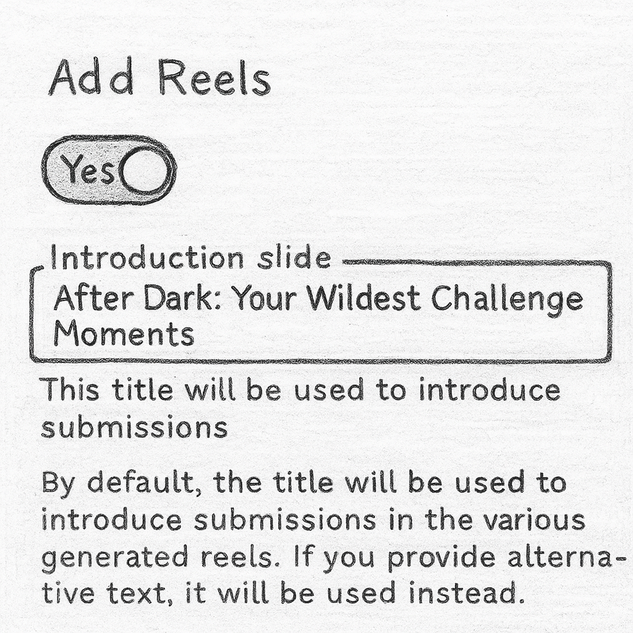 Builder interface for choosing challenges and transition text in a highlight reel.